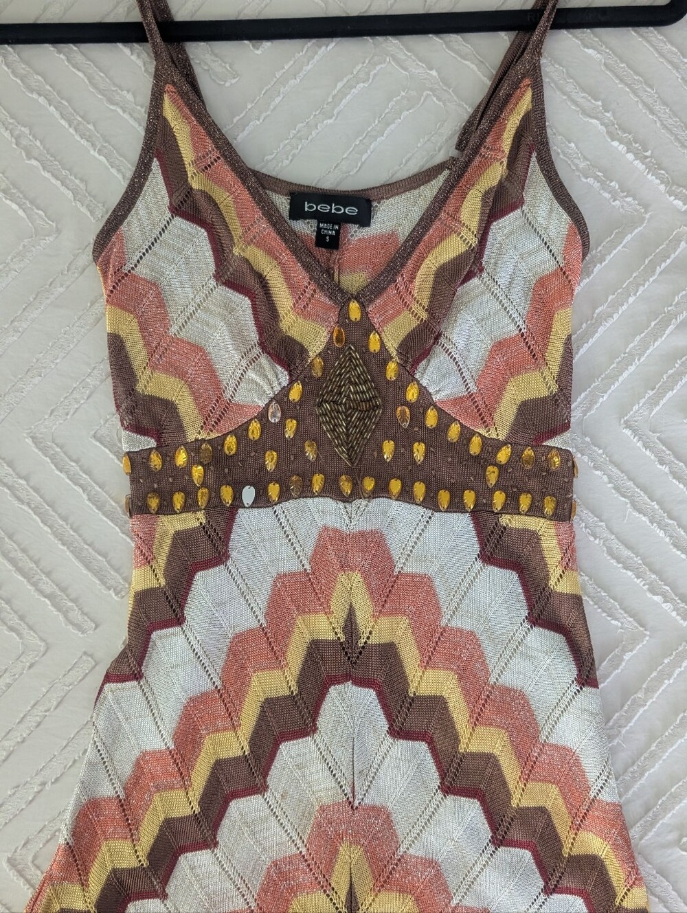 Bebe Chevron Knit Beaded Camisole-Brown, Pink, Yellow, Cream with Sparkled Yarn